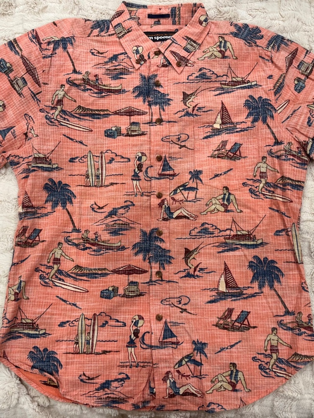 Reyn Spooner Size L Mens Aloha Shirt Coral with Palm Leaves and Sail Boats